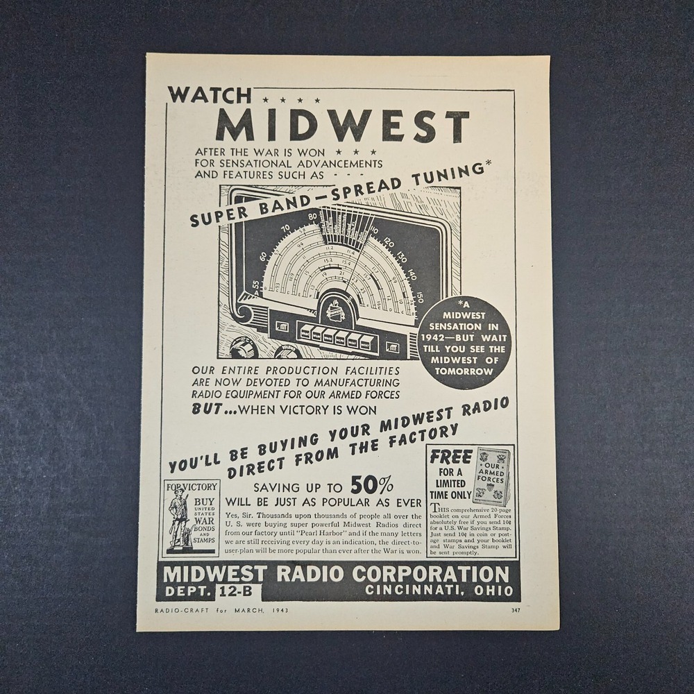 1943 Midwest Radio Corp Vintage Print Ad BUY WAR BONDS & STAMPS Pearl Harbor